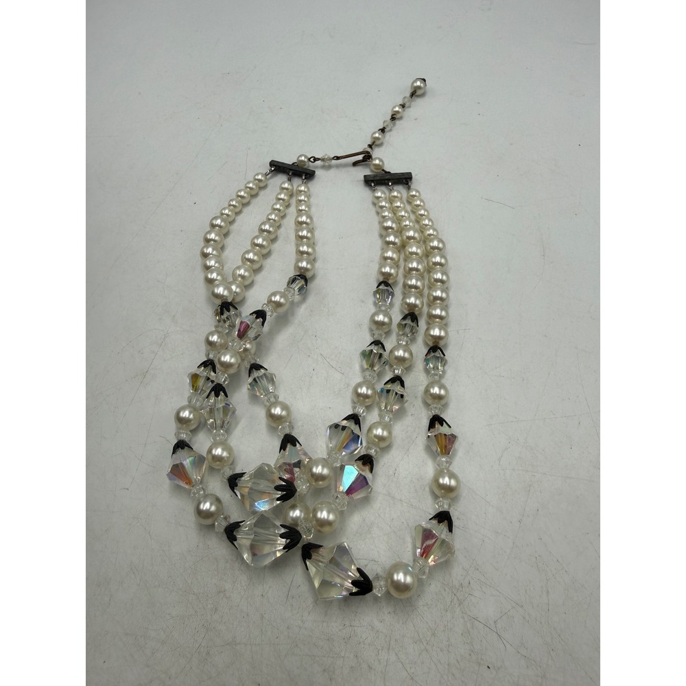 Vintage 3 Strand Faux Pearl Aurora Borealis Crystal Bead Necklace AB Iridescent